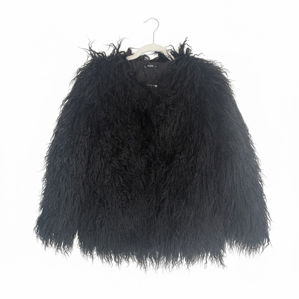 SHEIN Black Shaggy Faux Fur Crop Jacket | Edgy Fluffy Coat | Size S